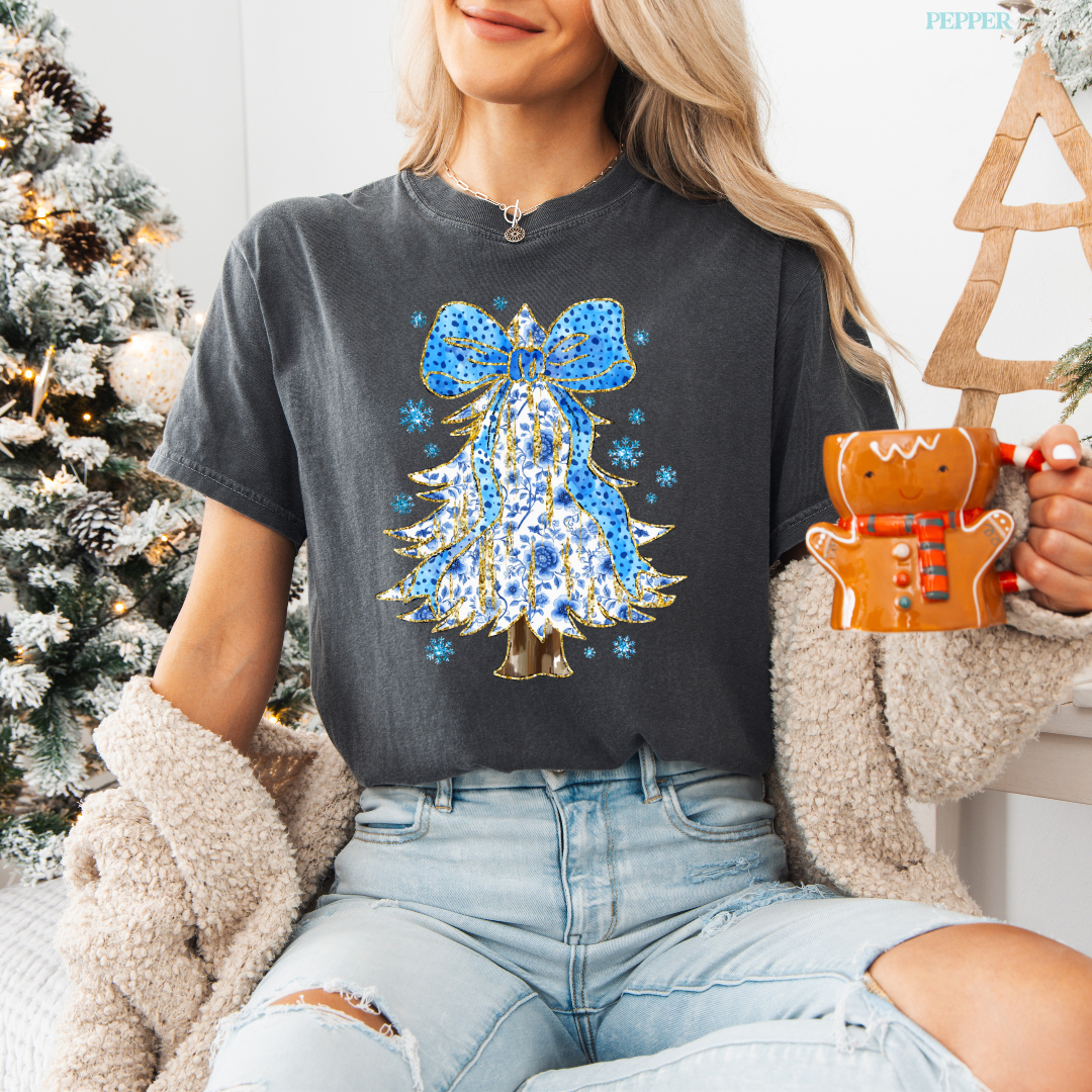 Blue Floral Coquette Christmas Tree Comfort Colors T-Shirt